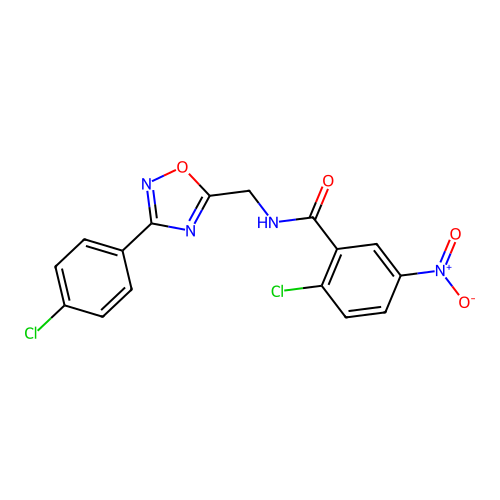 2-chloro-N-((3-(4-chlorophenyl)-1,2,4-oxadiazol-5-yl)methyl)-5-nitrobenzamide structure