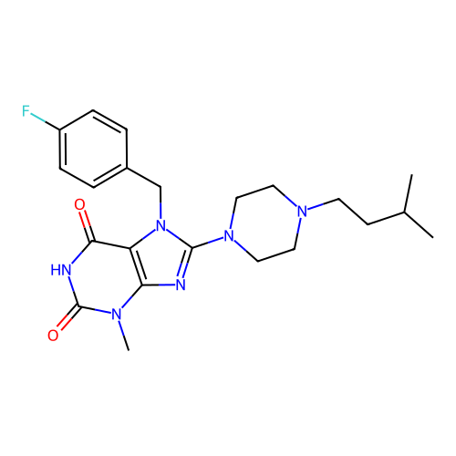 7-(4-fluorobenzyl)-8-(4-isopentylpiperazin-1-yl)-3-methyl-1H-purine-2,6(3H,7H)-dione structure