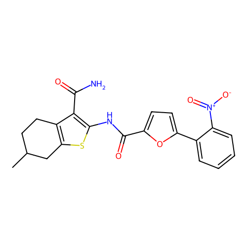 N-(3-carbamoyl-6-methyl-4,5,6,7-tetrahydro-1-benzothiophen-2-yl)-5-(2-nitrophenyl)furan-2-carboxamide structure