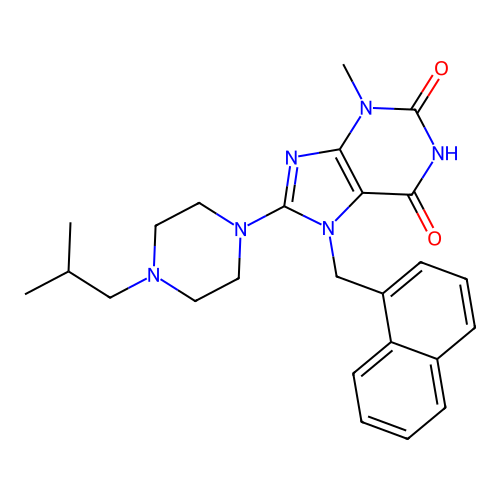 8-(4-isobutylpiperazin-1-yl)-3-methyl-7-(naphthalen-1-ylmethyl)-1H-purine-2,6(3H,7H)-dione structure