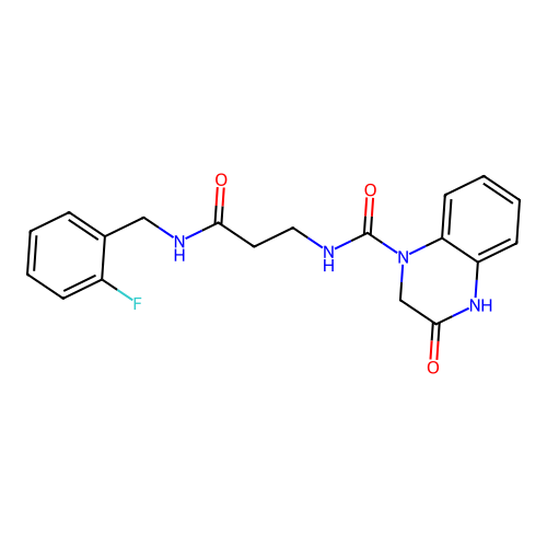 N-{3-[(2-fluorobenzyl)amino]-3-oxopropyl}-3-hydroxyquinoxaline-1(2H)-carboxamide structure