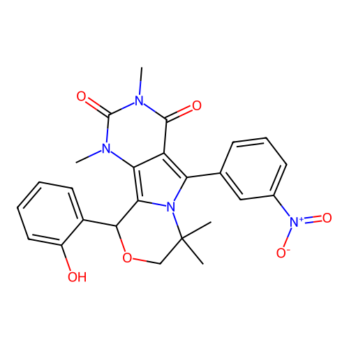 10-(2-hydroxyphenyl)-1,3,7,7-tetramethyl-5-(3-nitrophenyl)-1,7,8,10-tetrahydro-2H-pyrimido[4',5':3,4]pyrrolo[2,1-c][1,4]oxazine-2,4(3H)-dione structure