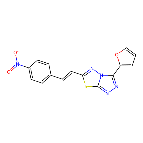 (E)-3-(furan-2-yl)-6-(4-nitrostyryl)-[1,2,4]triazolo[3,4-b][1,3,4]thiadiazole structure
