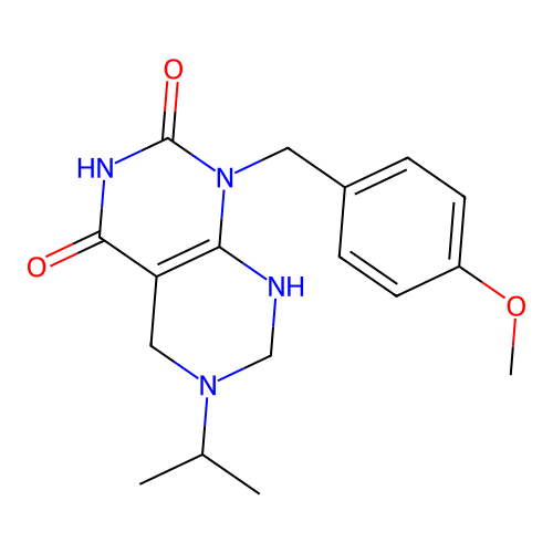 2-hydroxy-1-(4-methoxybenzyl)-6-(propan-2-yl)-5,6,7,8-tetrahydropyrimido[4,5-d]pyrimidin-4(1H)-one structure