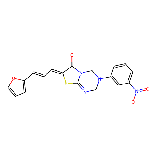 (7Z)-7-[(2E)-3-(furan-2-yl)prop-2-en-1-ylidene]-3-(3-nitrophenyl)-3,4-dihydro-2H-[1,3]thiazolo[3,2-a][1,3,5]triazin-6(7H)-one structure