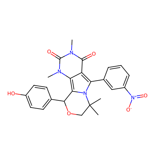 10-(4-hydroxyphenyl)-1,3,7,7-tetramethyl-5-(3-nitrophenyl)-1,7,8,10-tetrahydro-2H-pyrimido[4',5':3,4]pyrrolo[2,1-c][1,4]oxazine-2,4(3H)-dione structure