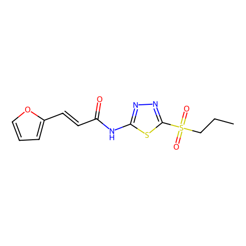 (2E)-3-(furan-2-yl)-N-[(2Z)-5-(propylsulfonyl)-1,3,4-thiadiazol-2(3H)-ylidene]prop-2-enamide structure