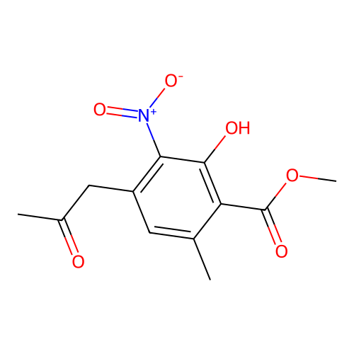 Benzoic acid, 2-hydroxy-6-methyl-3-nitro-4-(2-oxopropyl)-, methyl ester structure