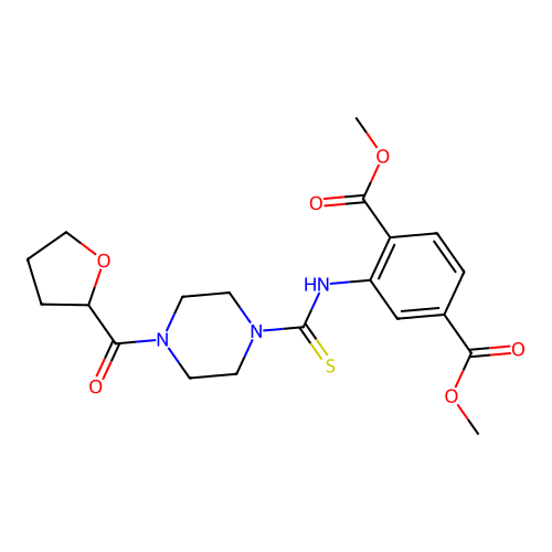 dimethyl 2-({[4-(tetrahydrofuran-2-ylcarbonyl)piperazin-1-yl]carbonothioyl}amino)benzene-1,4-dicarboxylate structure