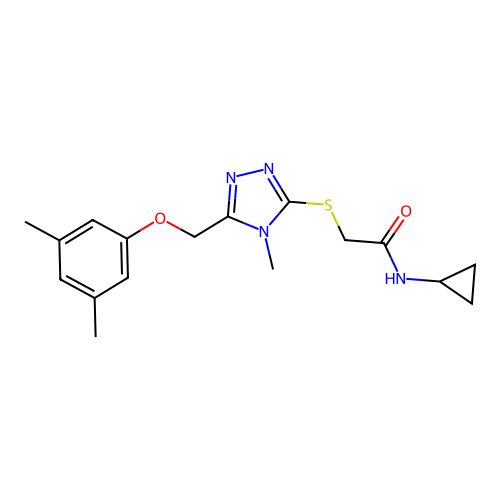 N-cyclopropyl-2-[[5-[(3,5-dimethylphenoxy)methyl]-4-methyl-1,2,4-triazol-3-yl]sulfanyl]acetamide structure