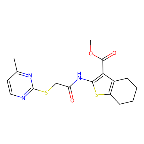methyl 2-({[(4-methylpyrimidin-2-yl)sulfanyl]acetyl}amino)-4,5,6,7-tetrahydro-1-benzothiophene-3-carboxylate structure
