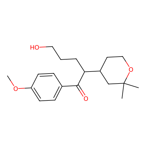 2-(2,2-dimethyloxan-4-yl)-5-hydroxy-1-(4-methoxyphenyl)pentan-1-one structure