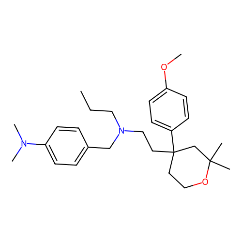 4-(((2-(4-(4-methoxyphenyl)-2,2-dimethyltetrahydro-2H-pyran-4-yl)ethyl)(propyl)amino)methyl)-N,N-dimethylaniline structure