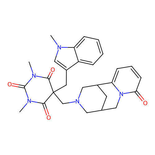 1,3-dimethyl-5-((1-methyl-1H-indol-3-yl)methyl)-5-(((1R,5S)-8-oxo-5,6-dihydro-1H-1,5-methanopyrido[1,2-a][1,5]diazocin-3(2H,4H,8H)-yl)methyl)pyrimidine-2,4,6(1H,3H,5H)-trione structure