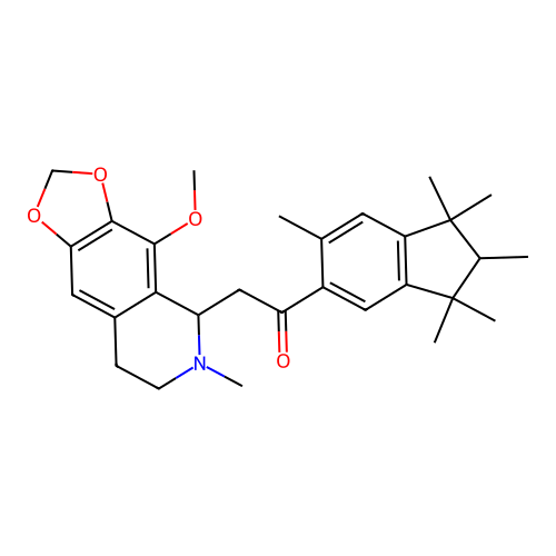 1-(1,1,2,3,3,6-hexamethyl-2,3-dihydro-1H-inden-5-yl)-2-(4-methoxy-6-methyl-5,6,7,8-tetrahydro-[1,3]dioxolo[4,5-g]isoquinolin-5-yl)ethanone structure