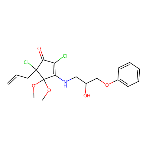 5-allyl-2,5-dichloro-3-((2-hydroxy-3-phenoxypropyl)amino)-4,4-dimethoxycyclopent-2-enone structure