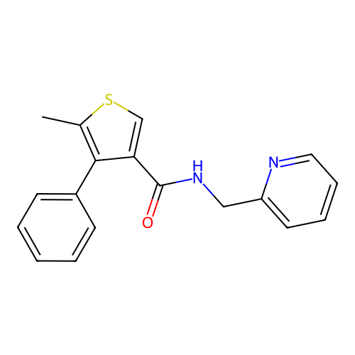 5-methyl-4-phenyl-N-(pyridin-2-ylmethyl)thiophene-3-carboxamide structure