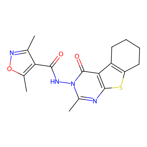 3,5-dimethyl-N-(2-methyl-4-oxo-5,6,7,8-tetrahydro-[1]benzothiolo[2,3-d]pyrimidin-3-yl)-1,2-oxazole-4-carboxamide structure
