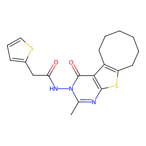 N-(2-methyl-4-oxo(3,5,6,7,8,9,10-heptahydrocycloocta[2,1-d]pyrimidino[4,5-b]th iophen-3-yl))-2-(2-thienyl)acetamide structure
