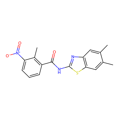 N-(5,6-dimethyl-1,3-benzothiazol-2-yl)-2-methyl-3-nitrobenzamide structure