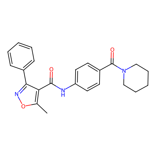 5-methyl-3-phenyl-N-[4-(piperidine-1-carbonyl)phenyl]-1,2-oxazole-4-carboxamide structure