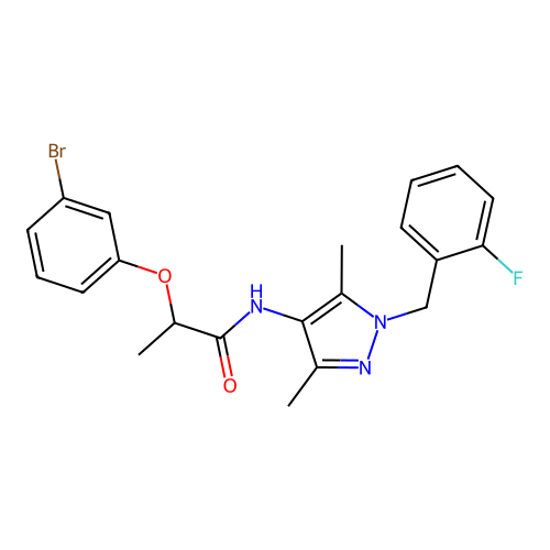 2-(3-bromophenoxy)-N-[1-[(2-fluorophenyl)methyl]-3,5-dimethylpyrazol-4-yl]propanamide structure