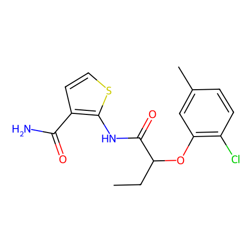 2-[2-(2-Chloro-5-methylphenoxy)butanoylamino]thiophene-3-carboxamide structure