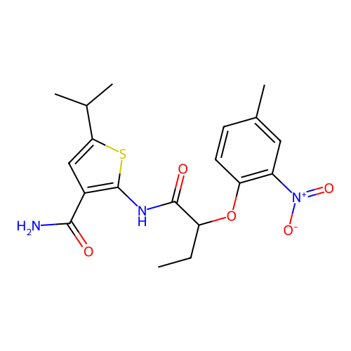 2-[2-(4-methyl-2-nitrophenoxy)butanoylamino]-5-propan-2-ylthiophene-3-carboxamide structure