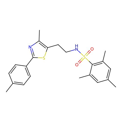 2,4,6-trimethyl-N-{2-[4-methyl-2-(4-methylphenyl)-1,3-thiazol-5-yl]ethyl}benzene-1-sulfonamide structure