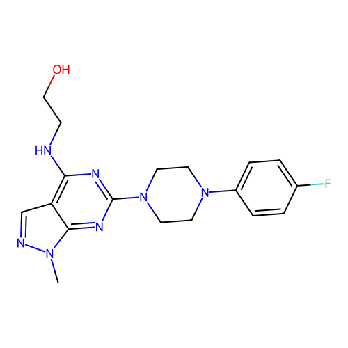 2-((6-(4-(4-fluorophenyl)piperazin-1-yl)-1-methyl-1H-pyrazolo[3,4-d]pyrimidin-4-yl)amino)ethanol structure