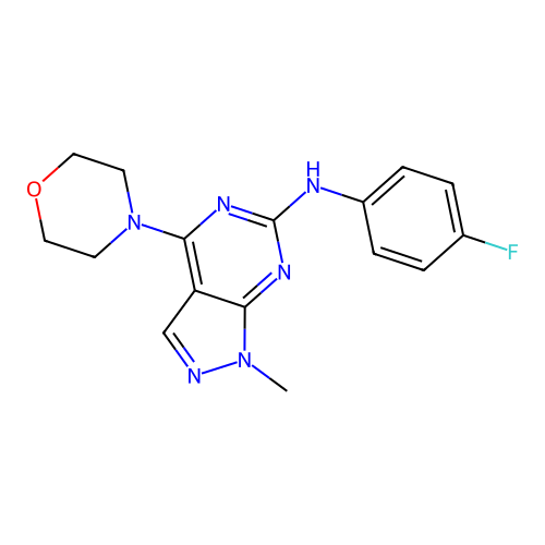 N-(4-fluorophenyl)-1-methyl-4-morpholin-4-ylpyrazolo[3,4-d]pyrimidin-6-amine structure