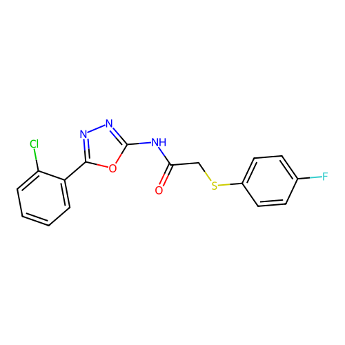 N-[5-(2-chlorophenyl)-1,3,4-oxadiazol-2-yl]-2-(4-fluorophenyl)sulfanylacetamide structure