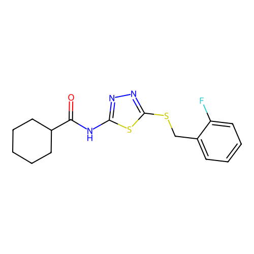 N-(5-((2-fluorobenzyl)thio)-1,3,4-thiadiazol-2-yl)cyclohexanecarboxamide structure