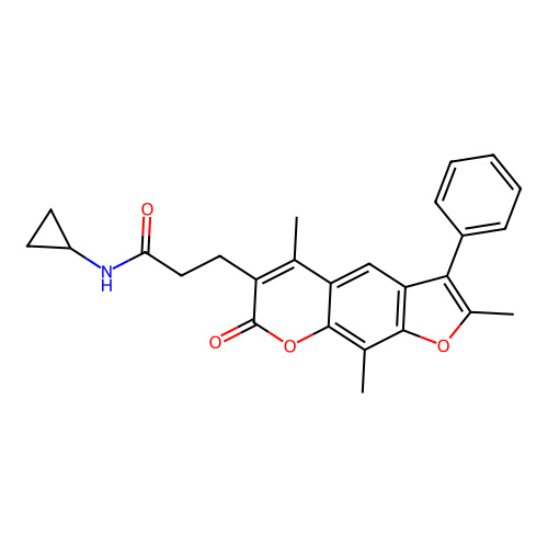 N-cyclopropyl-3-(2,5,9-trimethyl-7-oxo-3-phenyl-7H-furo[3,2-g]chromen-6-yl)propanamide structure