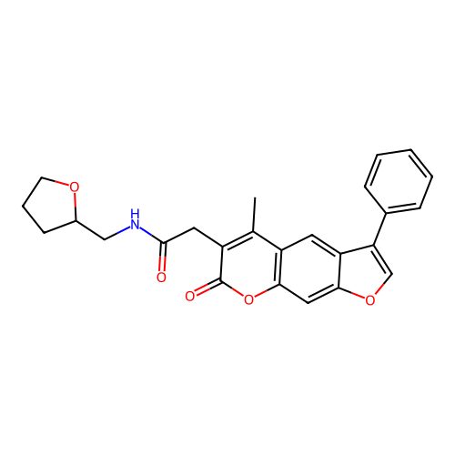 2-(5-methyl-7-oxo-3-phenyl-7H-furo[3,2-g]chromen-6-yl)-N-((tetrahydrofuran-2-yl)methyl)acetamide structure