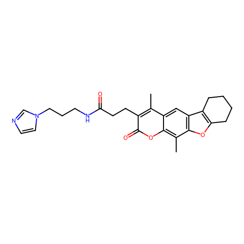 N-(3-(1H-imidazol-1-yl)propyl)-3-(4,11-dimethyl-2-oxo-6,7,8,9-tetrahydro-2H-benzofuro[3,2-g]chromen-3-yl)propanamide structure