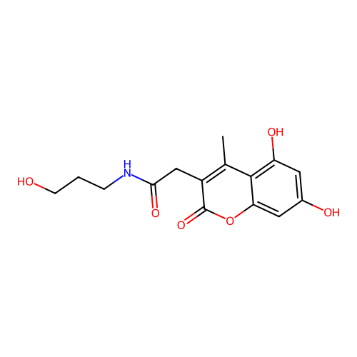 2-(5,7-dihydroxy-4-methyl-2-oxo-2H-chromen-3-yl)-N-(3-hydroxypropyl)acetamide structure