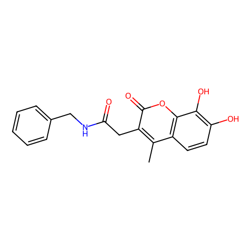 N-benzyl-2-(7,8-dihydroxy-4-methyl-2-oxo-2H-chromen-3-yl)acetamide structure