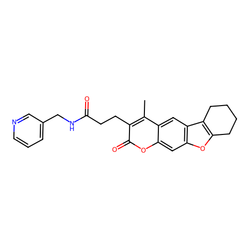 3-(4-methyl-2-oxo-6,7,8,9-tetrahydro-2H-benzofuro[3,2-g]chromen-3-yl)-N-(pyridin-3-ylmethyl)propanamide structure