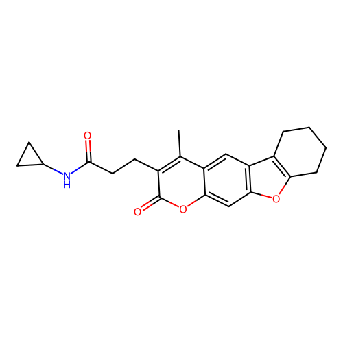 N-cyclopropyl-3-(4-methyl-2-oxo-6,7,8,9-tetrahydro-2H-benzofuro[3,2-g]chromen-3-yl)propanamide structure