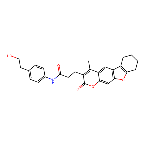 N-(4-(2-hydroxyethyl)phenyl)-3-(4-methyl-2-oxo-6,7,8,9-tetrahydro-2H-benzofuro[3,2-g]chromen-3-yl)propanamide structure