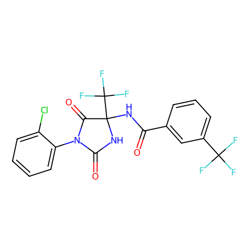 N-[1-(2-chlorophenyl)-2,5-dioxo-4-(trifluoromethyl)imidazolidin-4-yl]-3-(trifluoromethyl)benzamide structure