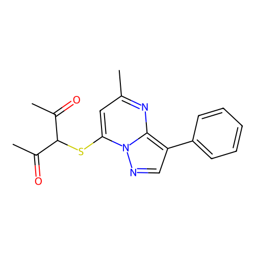 3-({5-Methyl-3-phenylpyrazolo[1,5-a]pyrimidin-7-yl}sulfanyl)pentane-2,4-dione structure