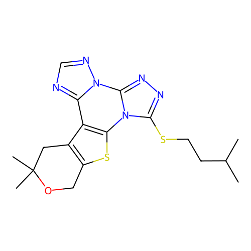 12,12-dimethyl-7-[(3-methylbutyl)sulfanyl]-12,13-dihydro-10H-pyrano[4',3':4,5]thieno[3,2-e]bis[1,2,4]triazolo[4,3-a:1',5'-c]pyrimidine structure