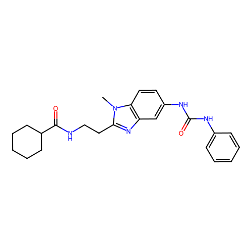 N-(2-(1-methyl-5-(3-phenylureido)-1H-benzo[d]imidazol-2-yl)ethyl)cyclohexanecarboxamide structure