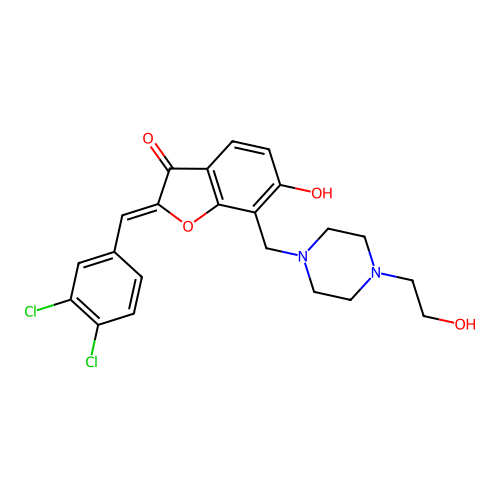 (Z)-2-(3,4-dichlorobenzylidene)-6-hydroxy-7-((4-(2-hydroxyethyl)piperazin-1-yl)methyl)benzofuran-3(2H)-one structure
