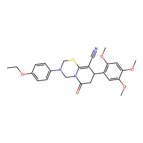 3-(4-ethoxyphenyl)-6-oxo-8-(2,4,5-trimethoxyphenyl)-3,4,7,8-tetrahydro-2H,6H-pyrido[2,1-b][1,3,5]thiadiazine-9-carbonitrile structure