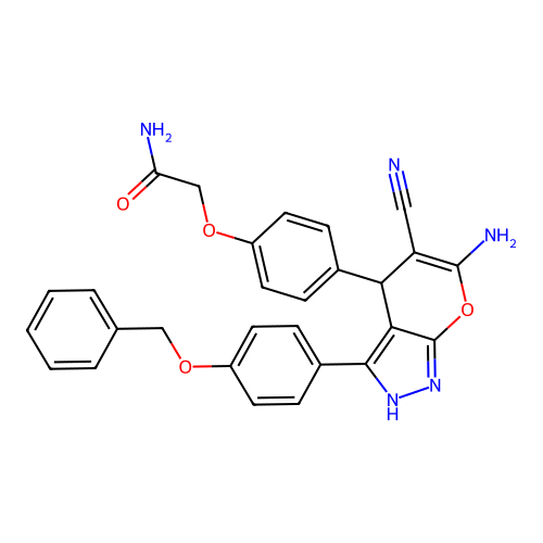 2-(4-(6-amino-3-(4-(benzyloxy)phenyl)-5-cyano-1,4-dihydropyrano[2,3-c]pyrazol-4-yl)phenoxy)acetamide structure