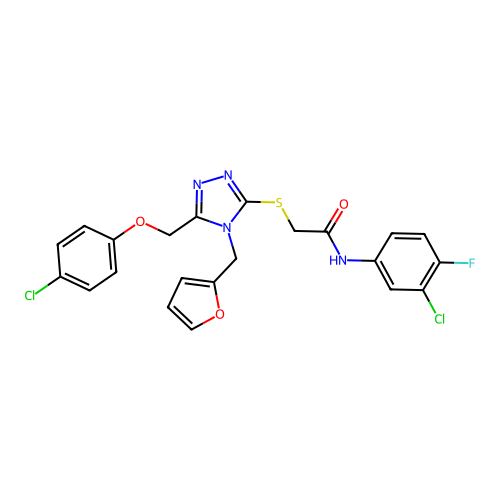 N-(3-chloro-4-fluorophenyl)-2-((5-((4-chlorophenoxy)methyl)-4-(furan-2-ylmethyl)-4H-1,2,4-triazol-3-yl)thio)acetamide structure