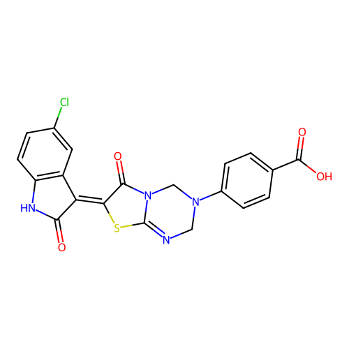 (Z)-4-(7-(5-chloro-2-oxoindolin-3-ylidene)-6-oxo-6,7-dihydro-2H-thiazolo[3,2-a][1,3,5]triazin-3(4H)-yl)benzoic acid structure